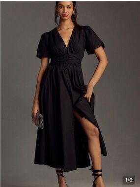 Anthropologie Katerina Black V-Neck Maxi Dress with Covered Buttons Size S